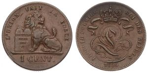 Belgium, Kingdom, Leopold I, 1 Centime Copper 1850, Seated lion with tablet, Morin 123, VARIETY : WITHOUT SMALL E AFTER CENT & WITHOUT CROSS ON CROWN, A.XF