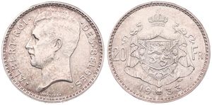 Belgium, Kingdom, Albert I, 20 Francs Silver 1933FR (Position B), Head left, Morin 305b, A.XF