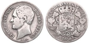 Belgium, Kingdom, Leopold I, 1/2 Franc Silver 1850, Bare head left, Morin 55a, EXTREMELY RARE TYPE, VARIETY : LOW 5 IN DATE !, Fine