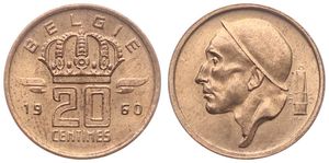 Belgium, Kingdom, Baudouin I, 20 Centimes Bronze 1960FL, Helmeted mine worker left, Morin 728, UNC !