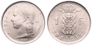Belgium, Kingdom, Baudouin I, 1 Franc Copper-Nickel 1952FL, Head of Ceres left, Morin 597, SCARCER VARIETY : STRUCK IN MEDAL ALIGNMENT, UNC