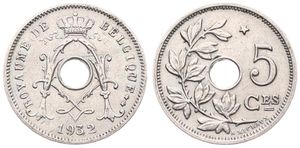 Belgium, Kingdom, Albert I, 5 Centimes Nickel-Brass 1932FR, Center hole within crowned monogram, Morin 431a, SCARCE VARIETY WITH DOUBLE 3 IN DATE !, XF