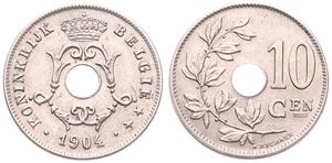 Belgium, Kingdom, Leopold II, 10 Centimes Copper-Nickel 1904FL, Center hole within crowned monogram, Morin 263, UNC