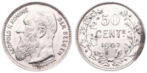 Belgium, Kingdom, Leopold II, 50 Centimes Silver 1907FL, Bearded head left, Morin 203, UNC