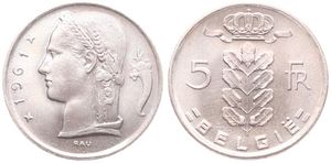 Belgium, Kingdom, Baudouin I, 5 Francs Copper-Nickel 1961FL, Head of Ceres left, Morin 555, UNC !