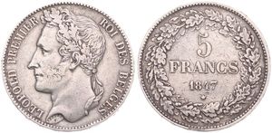 Belgium, Kingdom, Leopold I, 5 Francs Silver 1847, Laureate head left, Morin 13, VF+