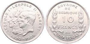 Belgium, Kingdom, Albert I, 10 Francs (2 Belgas) Nickel 1930FR (Position B), 100th Anniversary of Belgian Independence, Morin 380b, XF