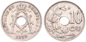 Belgium, Kingdom, Albert I, 10 Centimes Nickel-Brass 1930FR, Center hole within crowned monogram, Morin 424a, RARE DATE !, A.VF