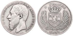 Congo Free State, Royal Domain, Leopold II, 2 Francs Silver 1891, Bearded head left, KM 7, Fine