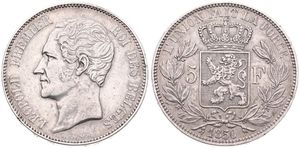Belgium, Kingdom, Leopold I, 5 Francs Silver 1850, Bare head left, Morin 40, VF