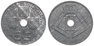 Belgium, Kingdom, Leopold III, 5 Centimes Zinc 1941FL/FR, Center hole within crowned monogram, Morin 498, UNC