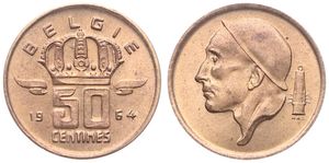 Belgium, Kingdom, Baudouin I, 50 Centimes Bronze 1964FL, Helmeted mine worker left, Morin 671, UNC !