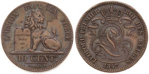 Belgium, Kingdom, Leopold I, 10 Centimes Copper 1847/37, Seated lion with tablet, Morin 63b, A.XF (edgenick)