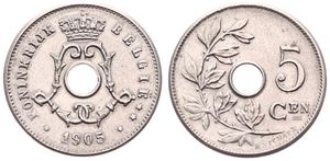 Belgium, Kingdom, Leopold II, 5 Centimes Copper-Nickel 1905FL, Center hole within crowned monogram, Morin 276, A.UNC