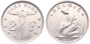 Belgium, Kingdom, Albert I, 2 Francs Nickel 1923FL, Kneeling woman left, Morin 392, A.UNC