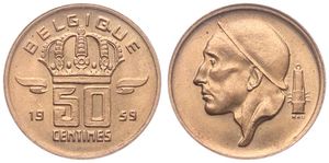 Belgium, Kingdom, Baudouin I, 50 Centimes Bronze 1959FR, Helmeted mine worker left, Morin 666, UNC !
