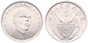 Rwanda, Republic, 1 Franc Copper-Nickel 1965, Head 1/4 right, KM 5, UNC