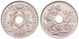Belgium, Kingdom, Albert I, 25 Centimes Copper-Nickel 1922FR, Center hole within crowned monogram, Morin 326, UNC