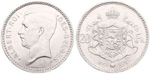 Belgium, Kingdom, Albert I, 20 Francs Silver 1933FR (Position A), Head left, Morin 305a, SCARCE DATE, A.UNC