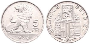 Belgium, Kingdom, Leopold III, 5 Francs Nickel 1938FR/FL (Position A), Seated lion right looking left, Morin 454a, (Edge lettering with crown), A.UNC