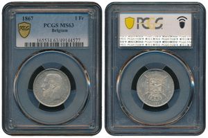 Belgium, Kingdom, Leopold II, 1 Franc Silver 1867FR, Bearded head left, Morin 173, PCGS Graded MS 63
