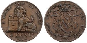 Belgium, Kingdom, Leopold I, 5 Centimes Copper 1853, Seated lion with tablet, Morin 80, SCARCER DATE, VF/XF