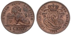 Belgium, Kingdom, Leopold II, 1 Centime Copper 1902/802FR, Seated lion with tablet, Morin 232b, UNC