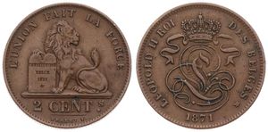 Belgium, Kingdom, Leopold II, 2 Centimes Copper 1871FR, Seated lion with tablet, Morin 208, SCARCE DATE !, A.XF