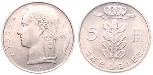 Belgium, Kingdom, Baudouin I, 5 Francs Copper-Nickel 1966FL, Head of Ceres left, Morin 565, UNC !