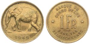 Belgian Congo, Colony, Prince Charles, 1 Franc Brass 1949, African Elephant left, KM 26, XF