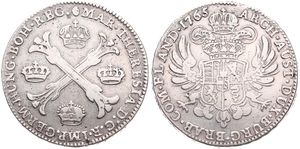 Austrian Netherlands, Maria Theresia, 1 Kronenthaler Silver 1765(b), Floriated cross with crowns at angles / Crowned imperial double headed eagle, KM 21 Brussels, A.VF