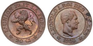 Belgium, Kingdom, Leopold I, 20 Centimes (ESSAI) Copper 1860, Rampant lion within circle left, Dupriez 750, A.UNC (some spots)