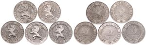 Belgium, Kingdom, Leopold II, Good lot with 5 different 5 Centimes copper-nickel coins in various grades including better items or grades...