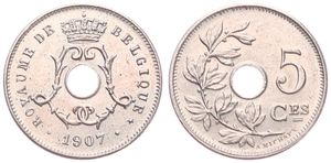 Belgium, Kingdom, Leopold II, 5 Centimes Copper-Nickel 1907FR, Center hole within crowned monogram, Morin 279, SCARCER DATE, UNC