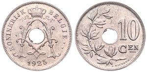 Belgium, Kingdom, Albert I, 10 Centimes Copper-Nickel 1925FL, Center hole within crowned monogram, Morin 344, VARIETY WITH DOUBLE 2 IN DATE, UNC