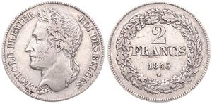 Belgium, Kingdom, Leopold I, 2 Francs Silver 1843, Laureate head left, Morin 20a (Position A), RARE, VF