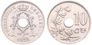Belgium, Kingdom, Albert I, 10 Centimes Copper-Nickel 1921FL, Center hole within crowned monogram, Morin 340, UNC