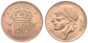 Belgium, Kingdom, Baudouin I, 50 Centimes Bronze 1953FR, Helmeted mine worker left, Morin 658, UNC !