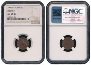 Belgium, Kingdom, Leopold II, 1 Centime Copper 1901FL, Seated lion with tablet, Morin 231, NGC Graded AU 58 BN