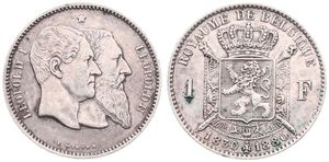 Belgium, Kingdom, Leopold II, 1 Franc Silver 1880FR, 50th Anniversary of Belgian Independence, Morin 191 WITH COMPLETE CROSS ON CROWN, VF