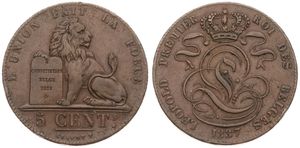 Belgium, Kingdom, Leopold I, 5 Centimes Copper 1837, Seated lion with tablet, Morin 70, VF