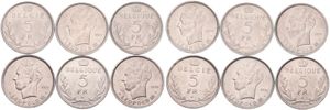 Belgium, Kingdom, Leopold III, Good lot with 6 different 5 Francs nickel coins in various grades including better items or grades...