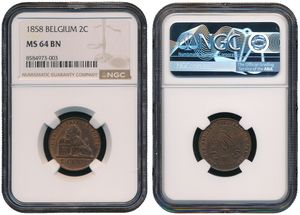 Belgium, Kingdom, Leopold I, 2 Centimes Copper 1858, Seated lion with tablet, Morin 106, NGC Graded MS 64 BN