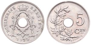 Belgium, Kingdom, Albert I, 5 Centimes Copper-Nickel 1925/15FL, Center hole within crowned monogram, Morin 367a, UNC