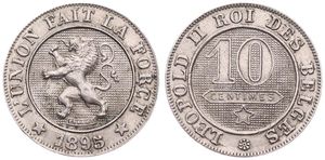 Belgium, Kingdom, Leopold II, 10 Centimes Copper-Nickel 1895/94FR, Rampant lion within circle left, Morin 238a, RARE DATE & OVERSTRIKE, XF