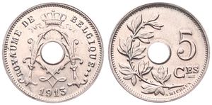 Belgium, Kingdom, Albert I, 5 Centimes Copper-Nickel 1913FR, Center hole within crowned monogram, Morin 355, UNC