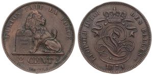 Belgium, Kingdom, Leopold II, 2 Centimes Copper 1874FR, Seated lion with tablet, Morin 210, XF