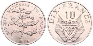 Rwanda, Republic, 10 Francs Copper-Nickel 1974, Coffee tree branch, KM 14.1, UNC