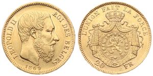 Belgium, Kingdom, Leopold II, 20 Francs Gold 1869, Bearded head right, Morin 143a (Position B), XF (*)