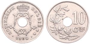 Belgium, Kingdom, Leopold II, 10 Centimes Copper-Nickel 1902FL, Center hole within crowned monogram, Morin 259, A.UNC